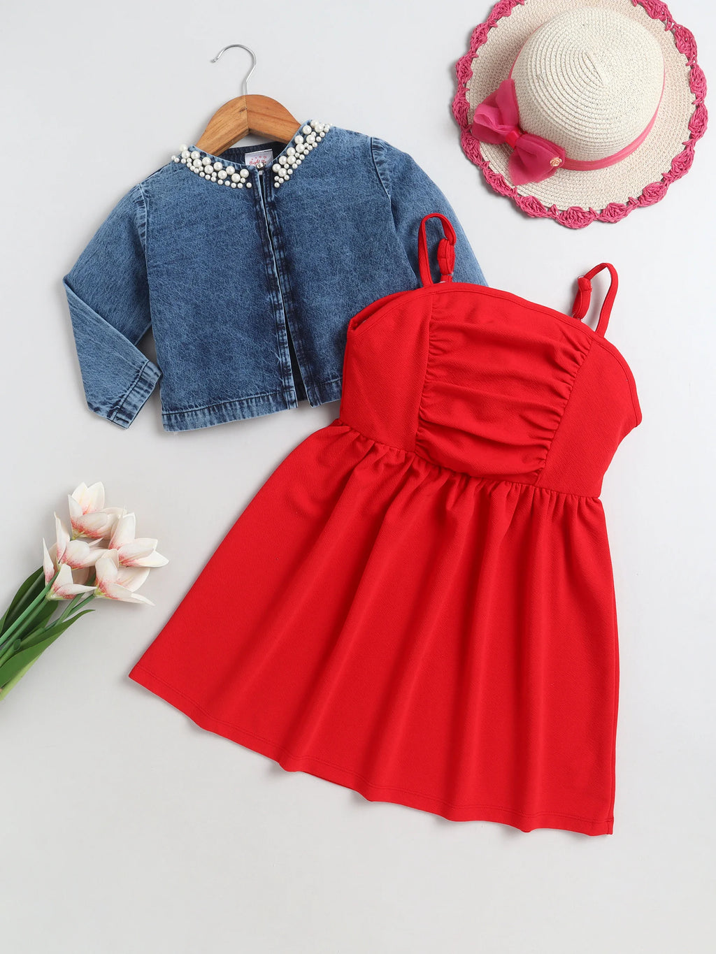 Bright Stars KIDSWEAR Strap Dress & Denim Pearl Embellished Crop Length Full Sleeves Jacket