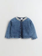 Bright Stars KIDSWEAR Strap Dress & Denim Pearl Embellished Crop Length Full Sleeves Jacket