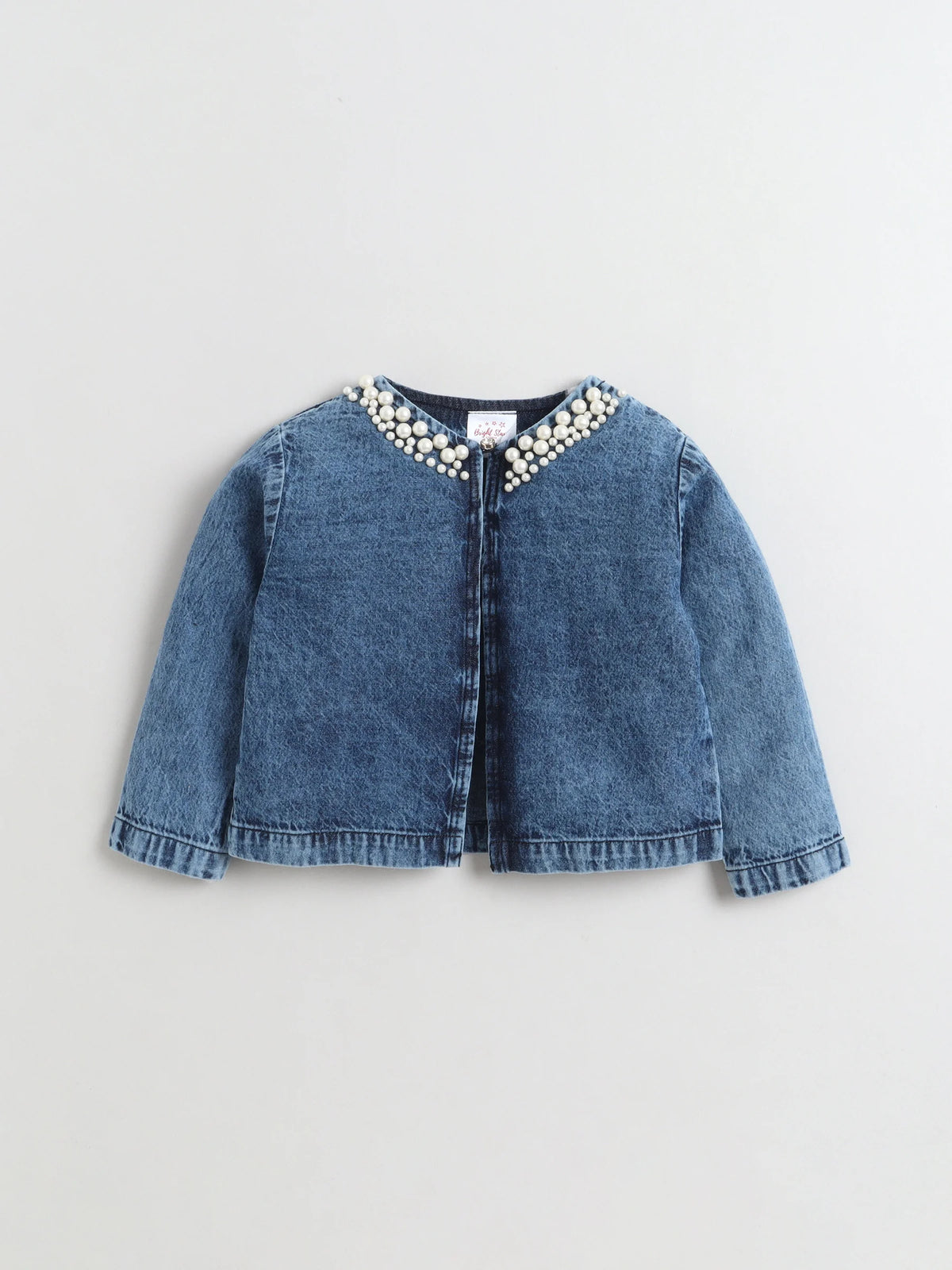 Bright Stars KIDSWEAR Strap Dress & Denim Pearl Embellished Crop Length Full Sleeves Jacket