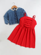 Bright Stars KIDSWEAR Strap Dress & Denim Pearl Embellished Crop Length Full Sleeves Jacket