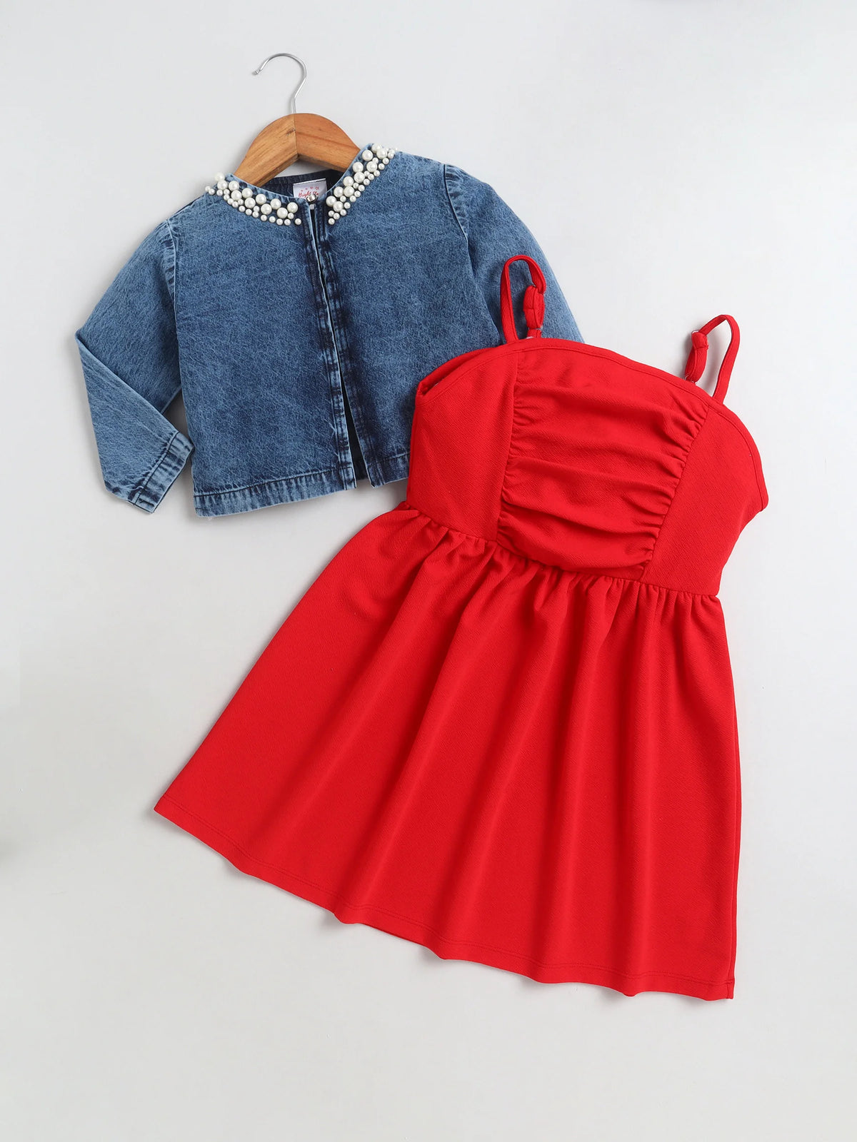 Bright Stars KIDSWEAR Strap Dress & Denim Pearl Embellished Crop Length Full Sleeves Jacket