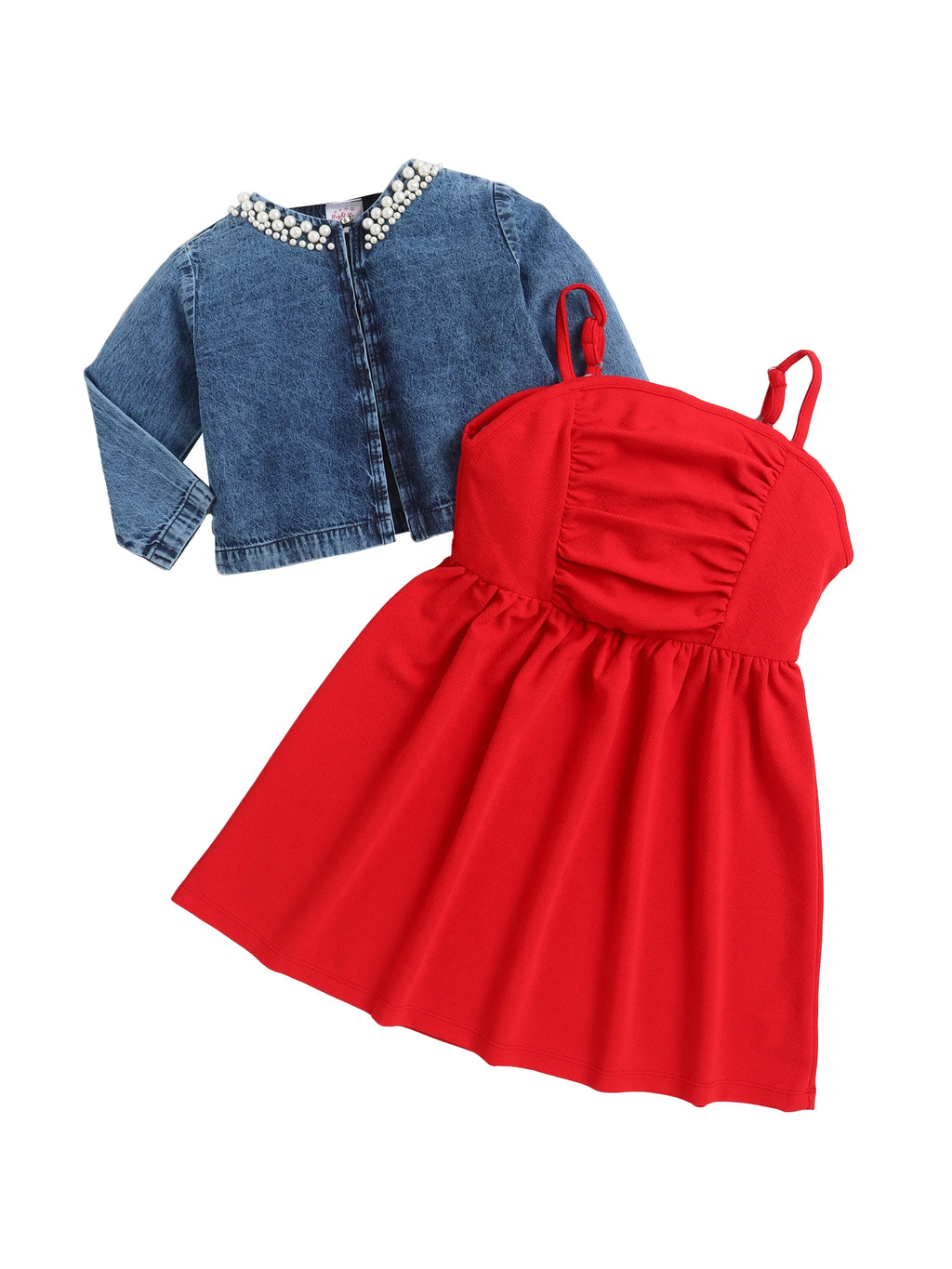 Bright Stars KIDSWEAR Strap Dress & Denim Pearl Embellished Crop Length Full Sleeves Jacket
