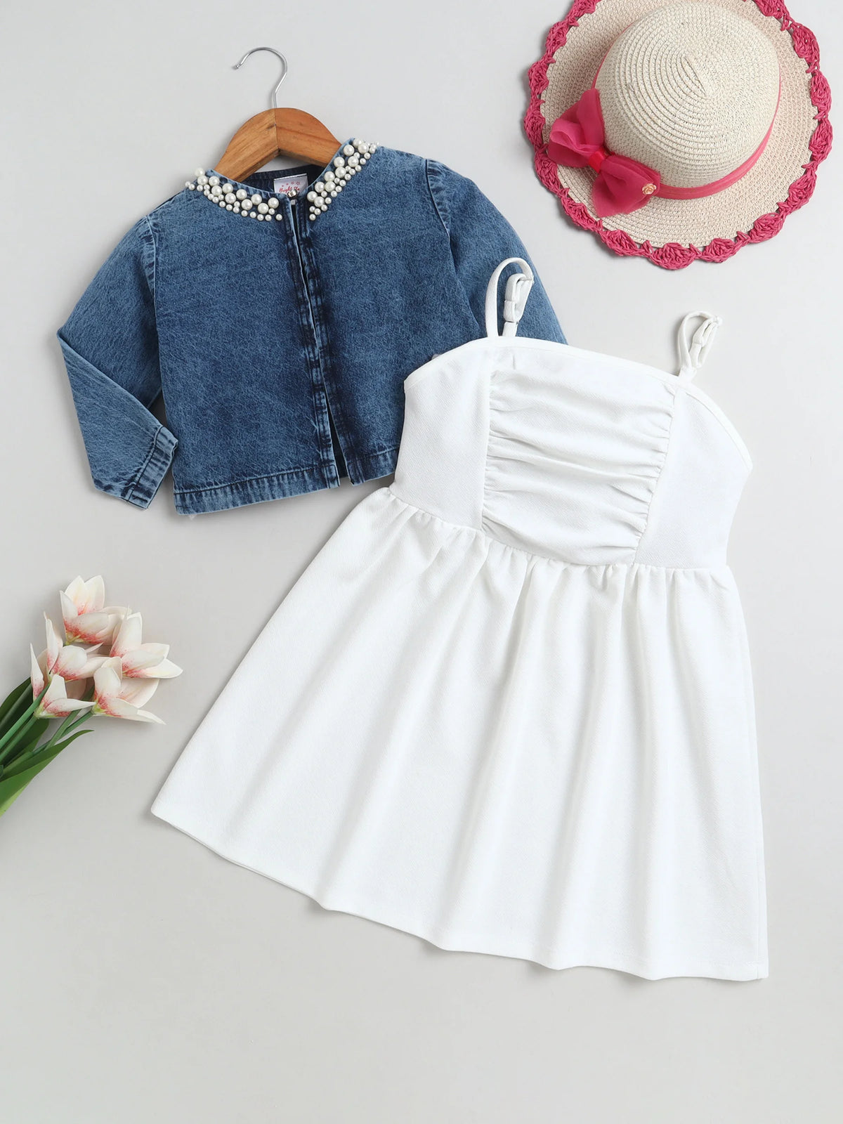 Bright Stars KIDSWEAR Strap Dress & Denim Pearl Embellished Crop Length Full Sleeves Jacket