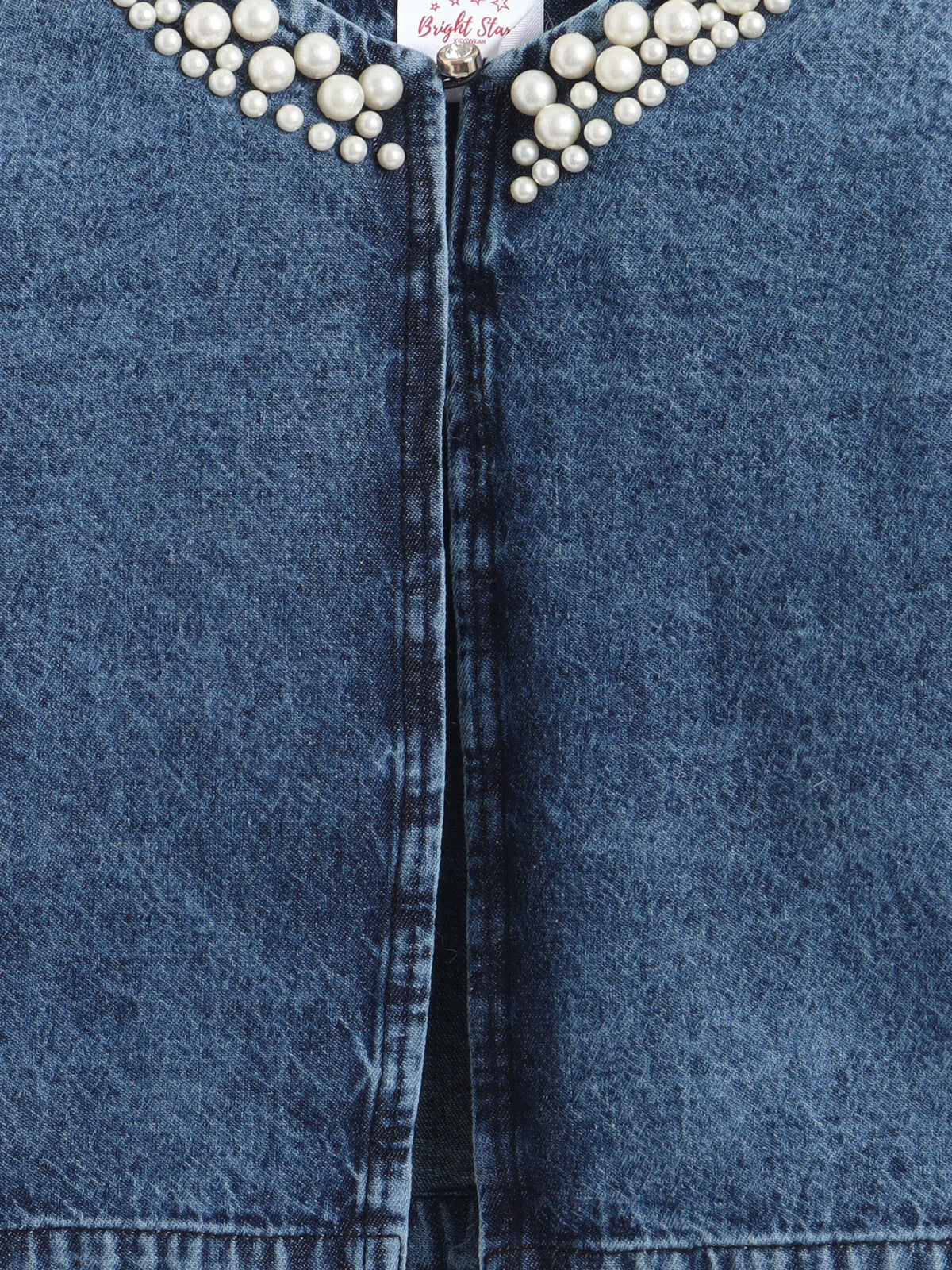 Bright Stars KIDSWEAR Strap Dress & Denim Pearl Embellished Crop Length Full Sleeves Jacket