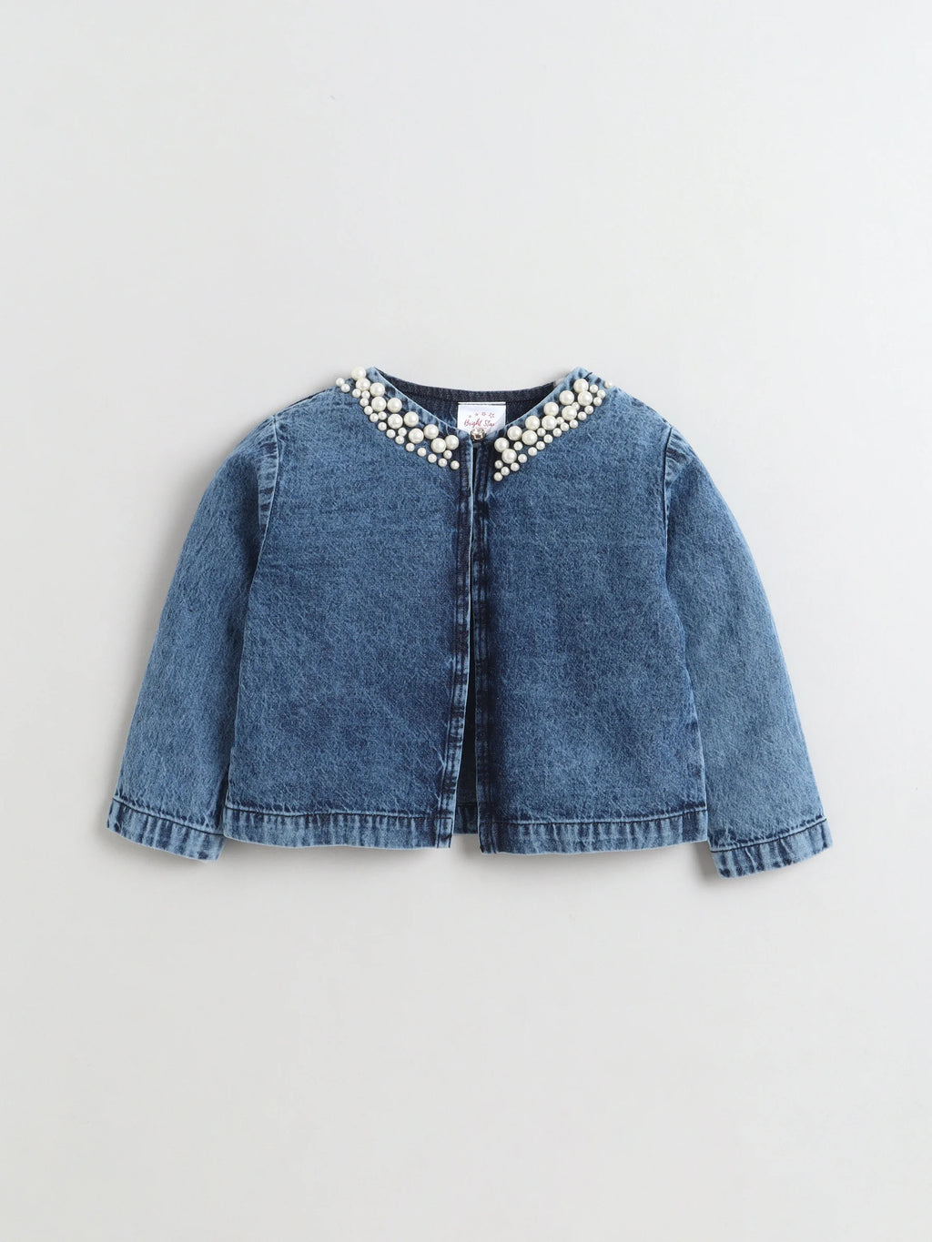 Bright Stars KIDSWEAR Strap Dress & Denim Pearl Embellished Crop Length Full Sleeves Jacket