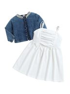 Bright Stars KIDSWEAR Strap Dress & Denim Pearl Embellished Crop Length Full Sleeves Jacket
