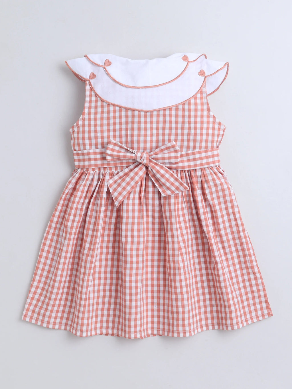 Girls Cotton Front Gingham Dress with Scallop Embroidery Collar Detailing, Casual Summer Frock