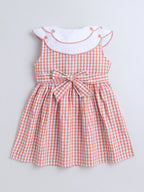 Girls Cotton Front Gingham Dress with Scallop Embroidery Collar Detailing, Casual Summer Frock