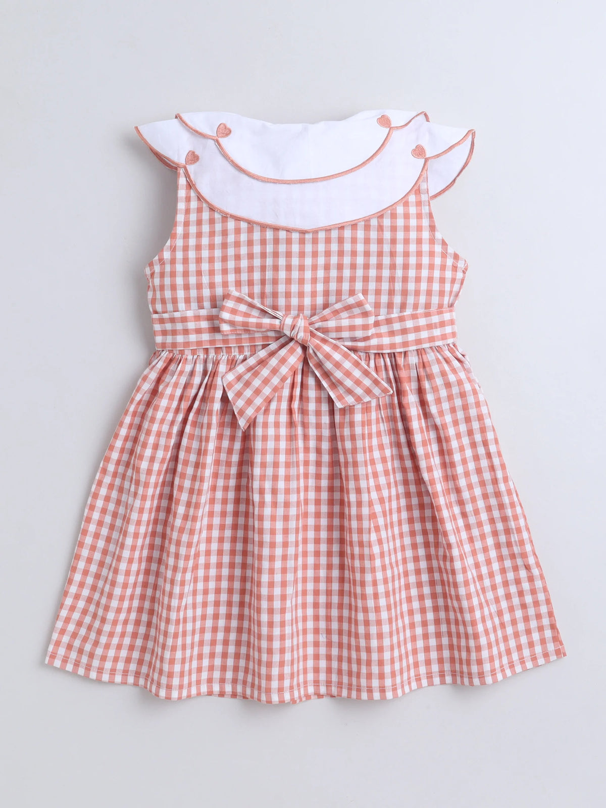 Girls Cotton Front Gingham Dress with Scallop Embroidery Collar Detailing, Casual Summer Frock
