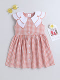 Girls Cotton Front Gingham Dress with Scallop Embroidery Collar Detailing, Casual Summer Frock