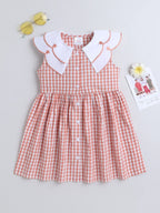 Girls Cotton Front Gingham Dress with Scallop Embroidery Collar Detailing, Casual Summer Frock
