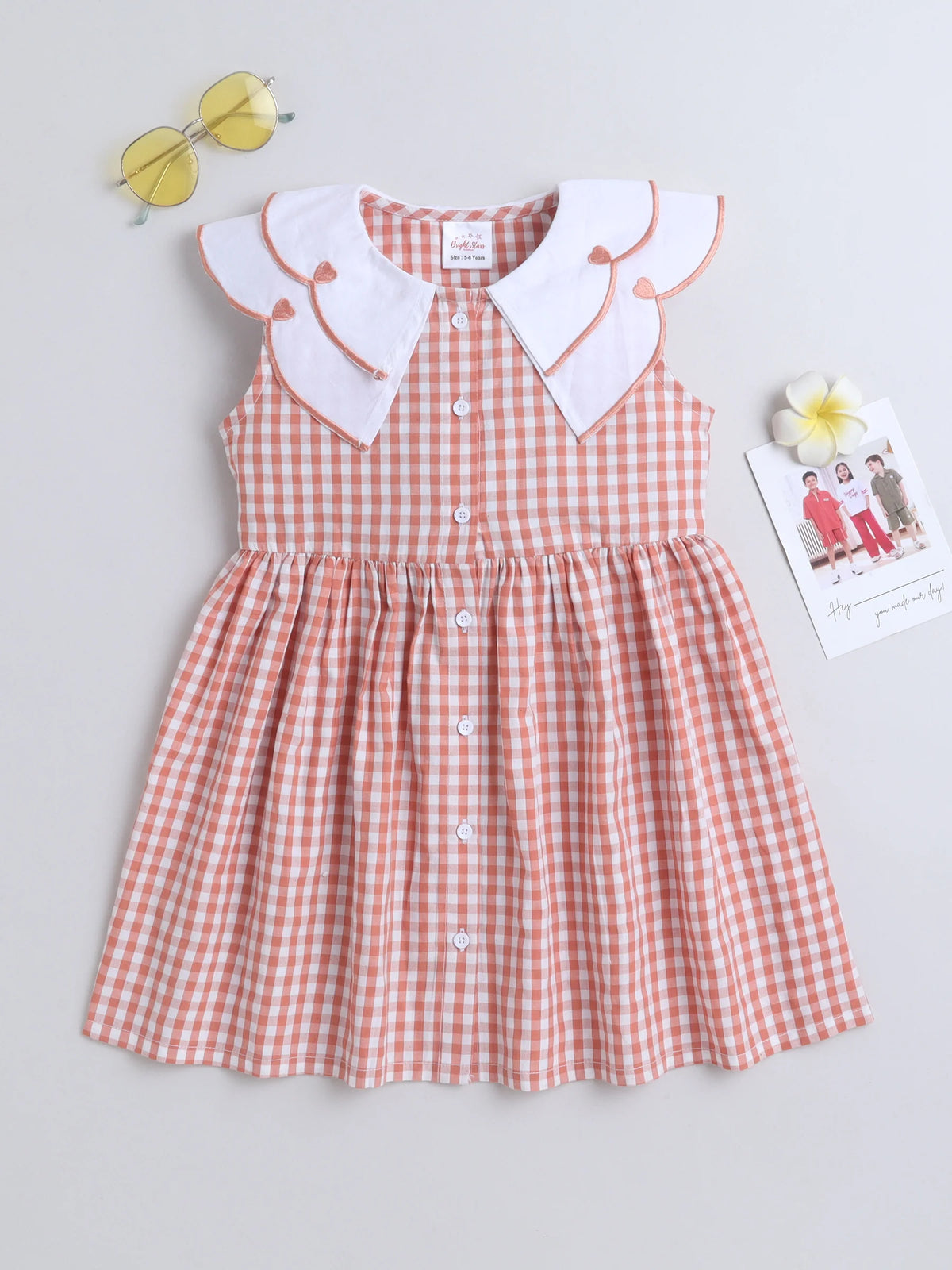 Girls Cotton Front Gingham Dress with Scallop Embroidery Collar Detailing, Casual Summer Frock