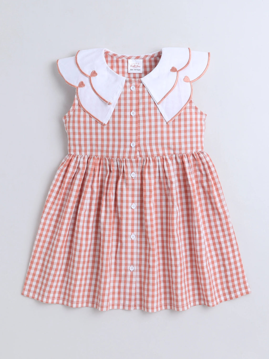 Girls Cotton Front Gingham Dress with Scallop Embroidery Collar Detailing, Casual Summer Frock