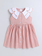 Girls Cotton Front Gingham Dress with Scallop Embroidery Collar Detailing, Casual Summer Frock