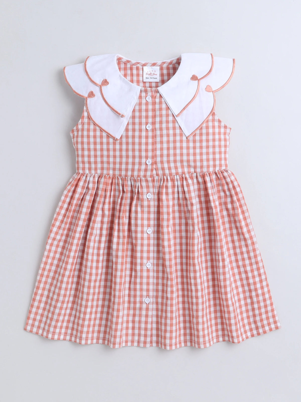 Girls Cotton Front Gingham Dress with Scallop Embroidery Collar Detailing, Casual Summer Frock