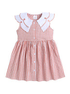 Girls Cotton Front Gingham Dress with Scallop Embroidery Collar Detailing, Casual Summer Frock
