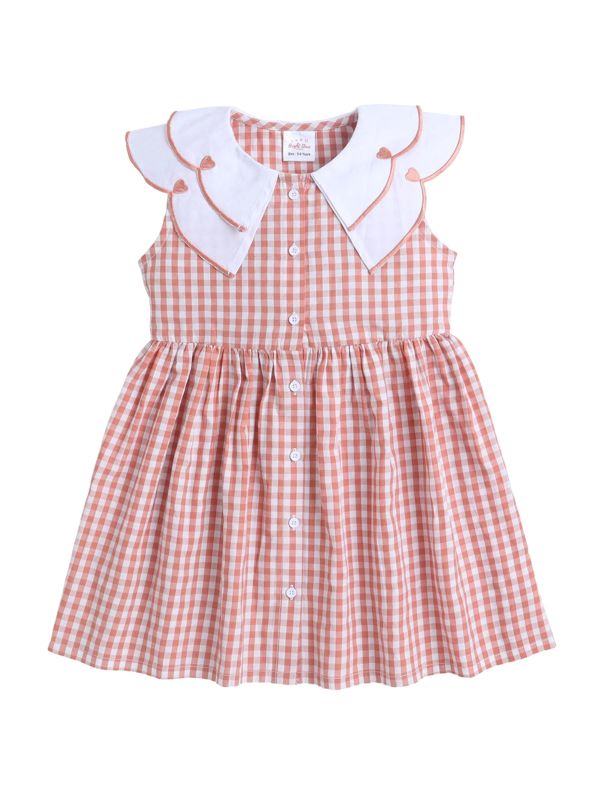 Girls Cotton Front Gingham Dress with Scallop Embroidery Collar Detailing, Casual Summer Frock