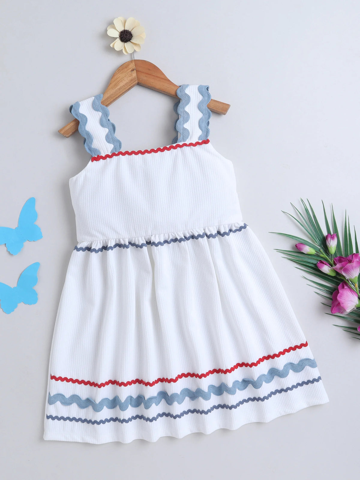 Girls Sleeveless Textured Casual  Summer Dress with Ric-Rac Detailing