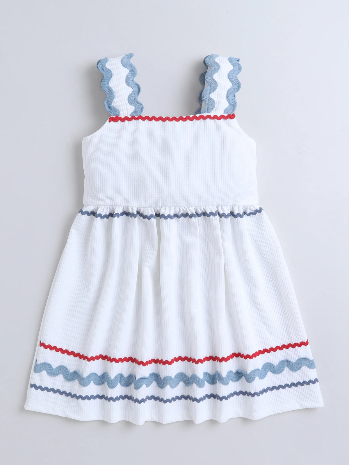 Girls Sleeveless Textured Casual  Summer Dress with Ric-Rac Detailing