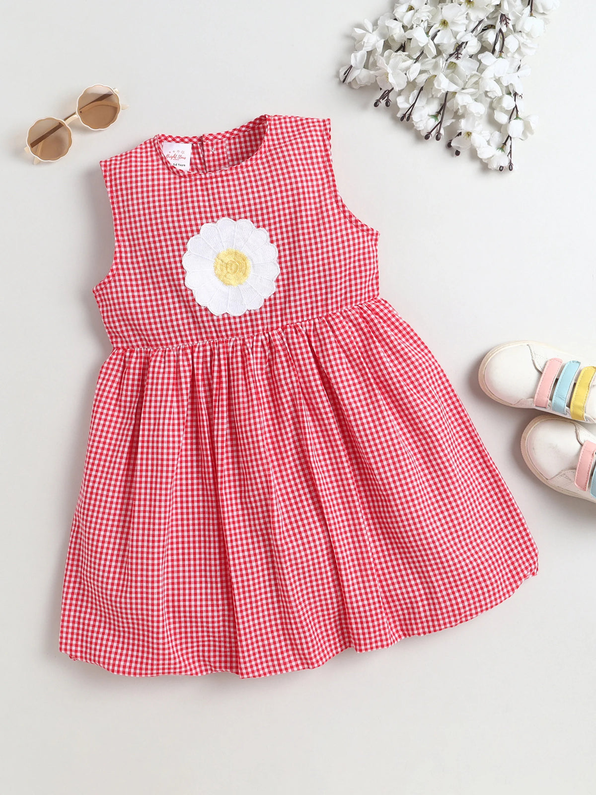 Girl's Cotton Checks Balloon Dress With Embroidery Applique and Lining