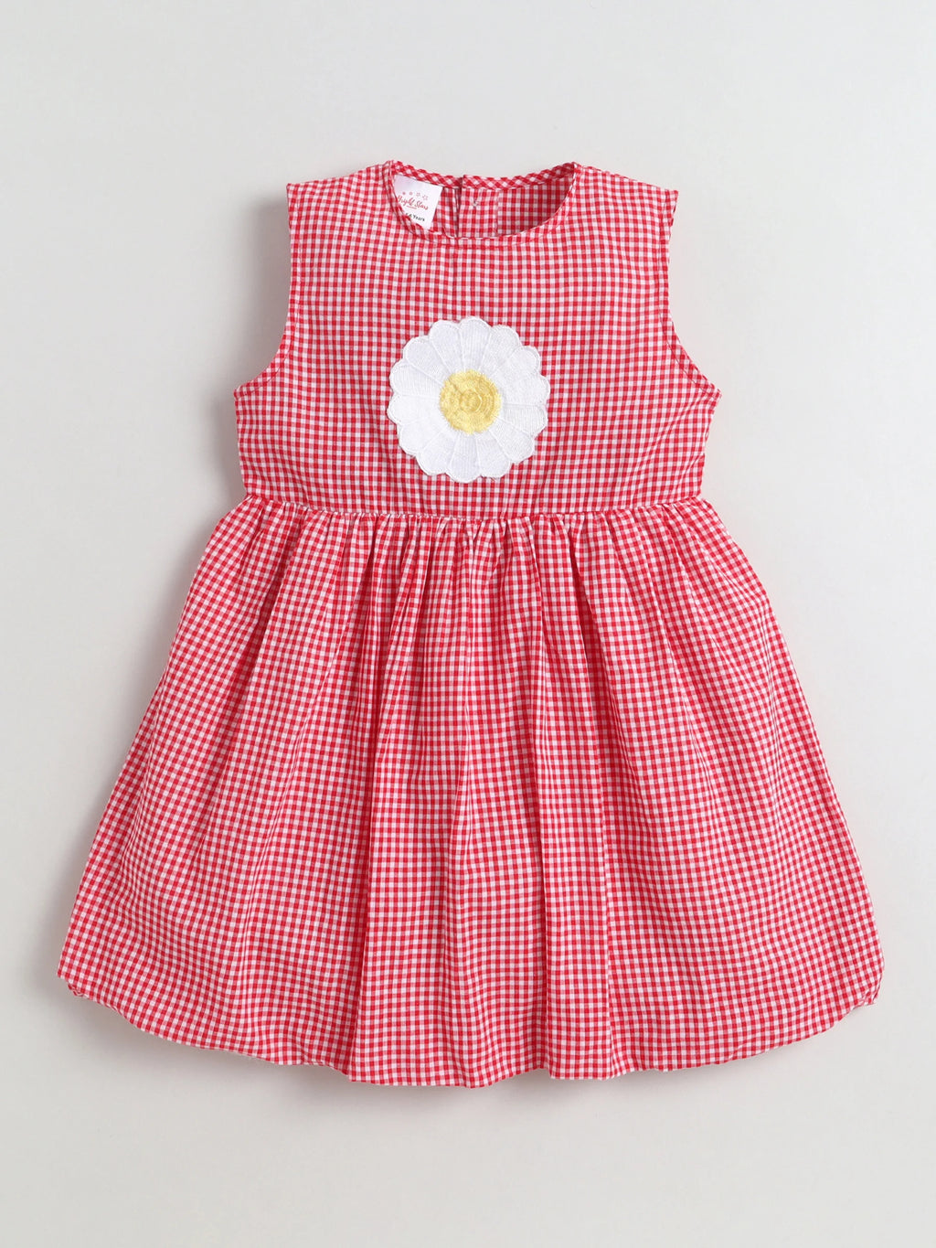 Girl's Cotton Checks Balloon Dress With Embroidery Applique and Lining