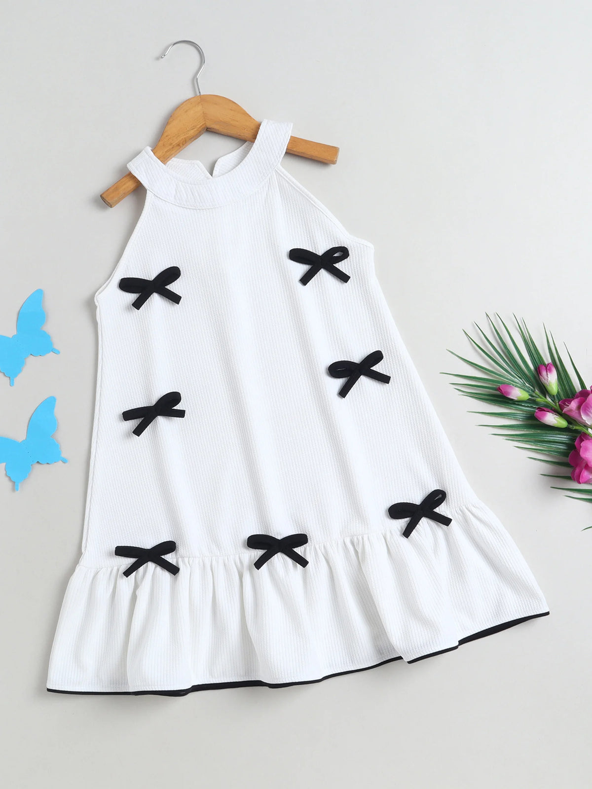 Girls Casual Textured Dress with Contrast Bow Appliqu√© For Summer