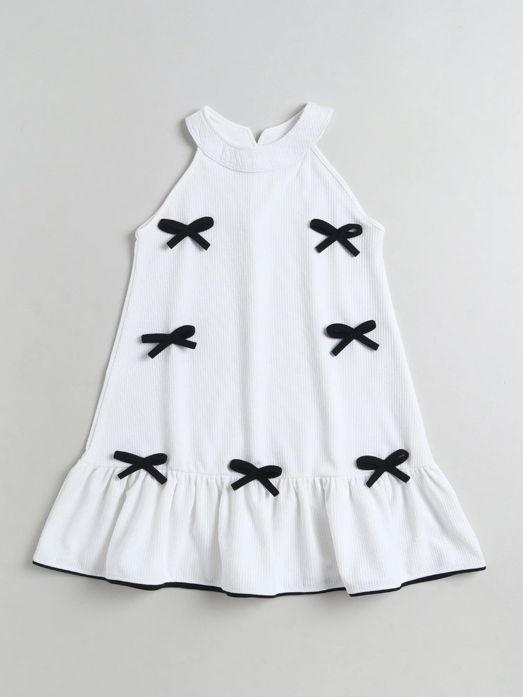 Girls Casual Textured Dress with Contrast Bow Appliqu√© For Summer