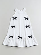 Girls Casual Textured Dress with Contrast Bow Appliqu√© For Summer