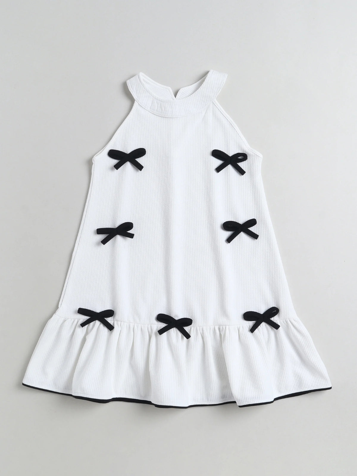 Girls Casual Textured Dress with Contrast Bow Appliqu√© For Summer