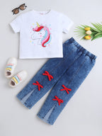 Girls Cotton Co-ord Set Unicorn Graphic Printed T-Shirt With Bow Detail Denim Pant