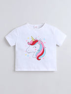 Girls Cotton Co-ord Set Unicorn Graphic Printed T-Shirt With Bow Detail Denim Pant