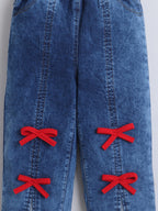 Girls Cotton Co-ord Set Unicorn Graphic Printed T-Shirt With Bow Detail Denim Pant