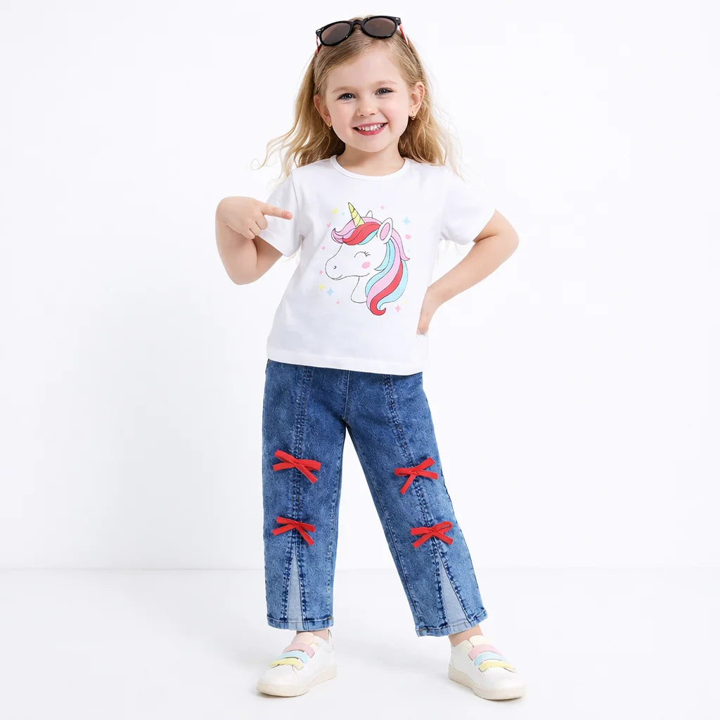 Girls Cotton Co-ord Set Unicorn Graphic Printed T-Shirt With Bow Detail Denim Pant