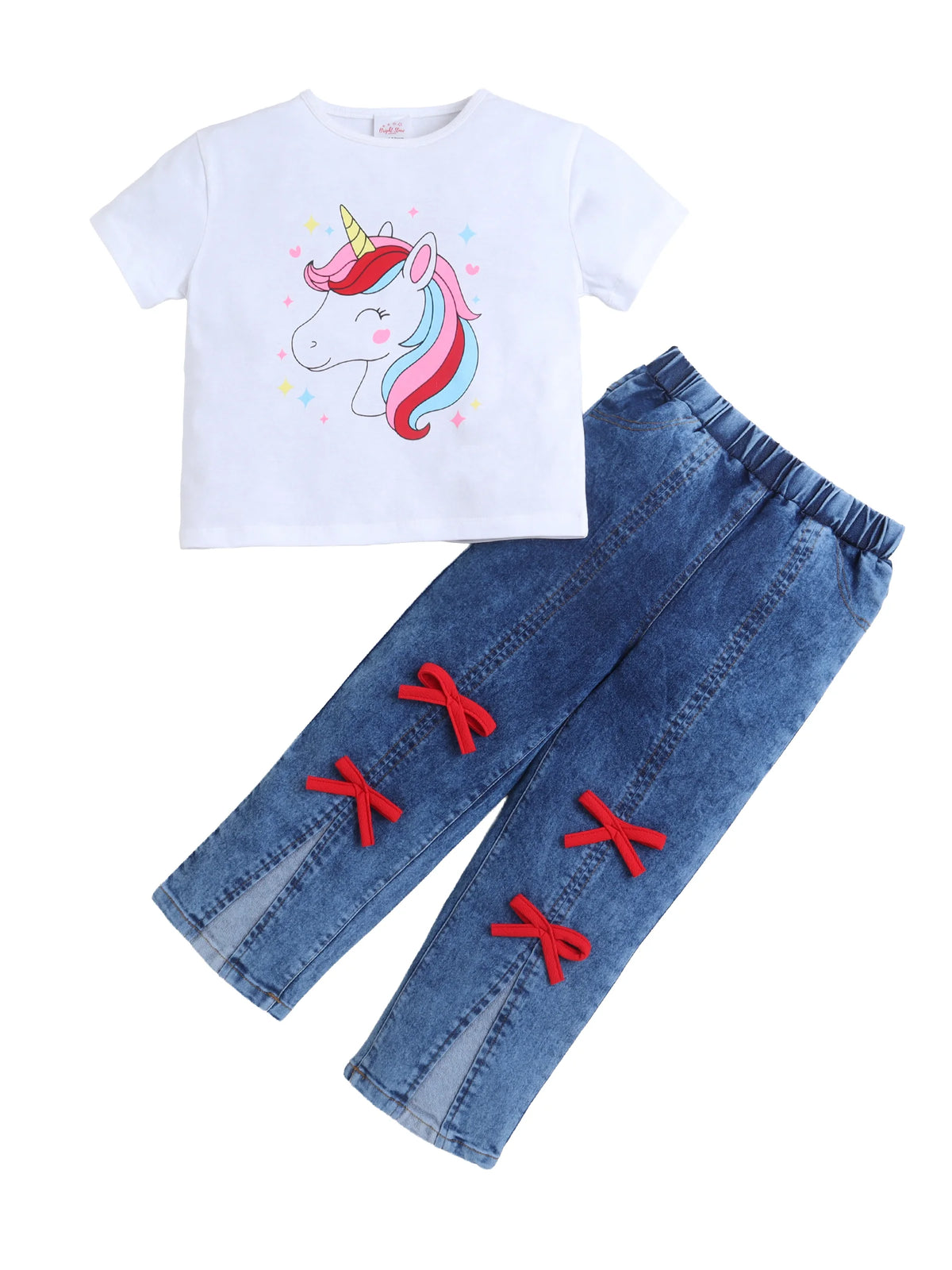Girls Cotton Co-ord Set Unicorn Graphic Printed T-Shirt With Bow Detail Denim Pant