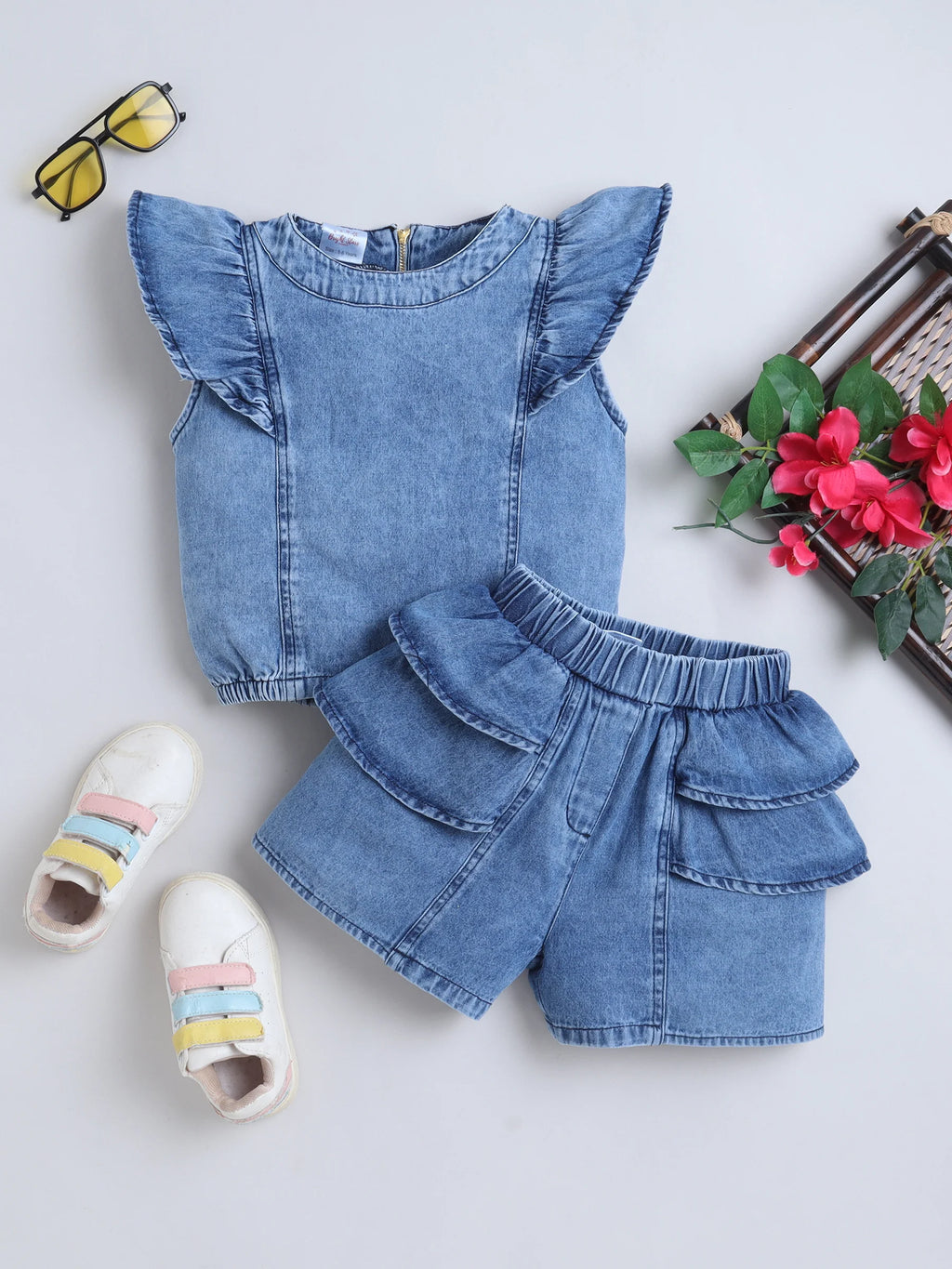 Bright Stars KIDSWEAR Washed Denim Ruffle Sleeves Top & Elasticated Ruffe Co-Ord Shorts Set - Blue