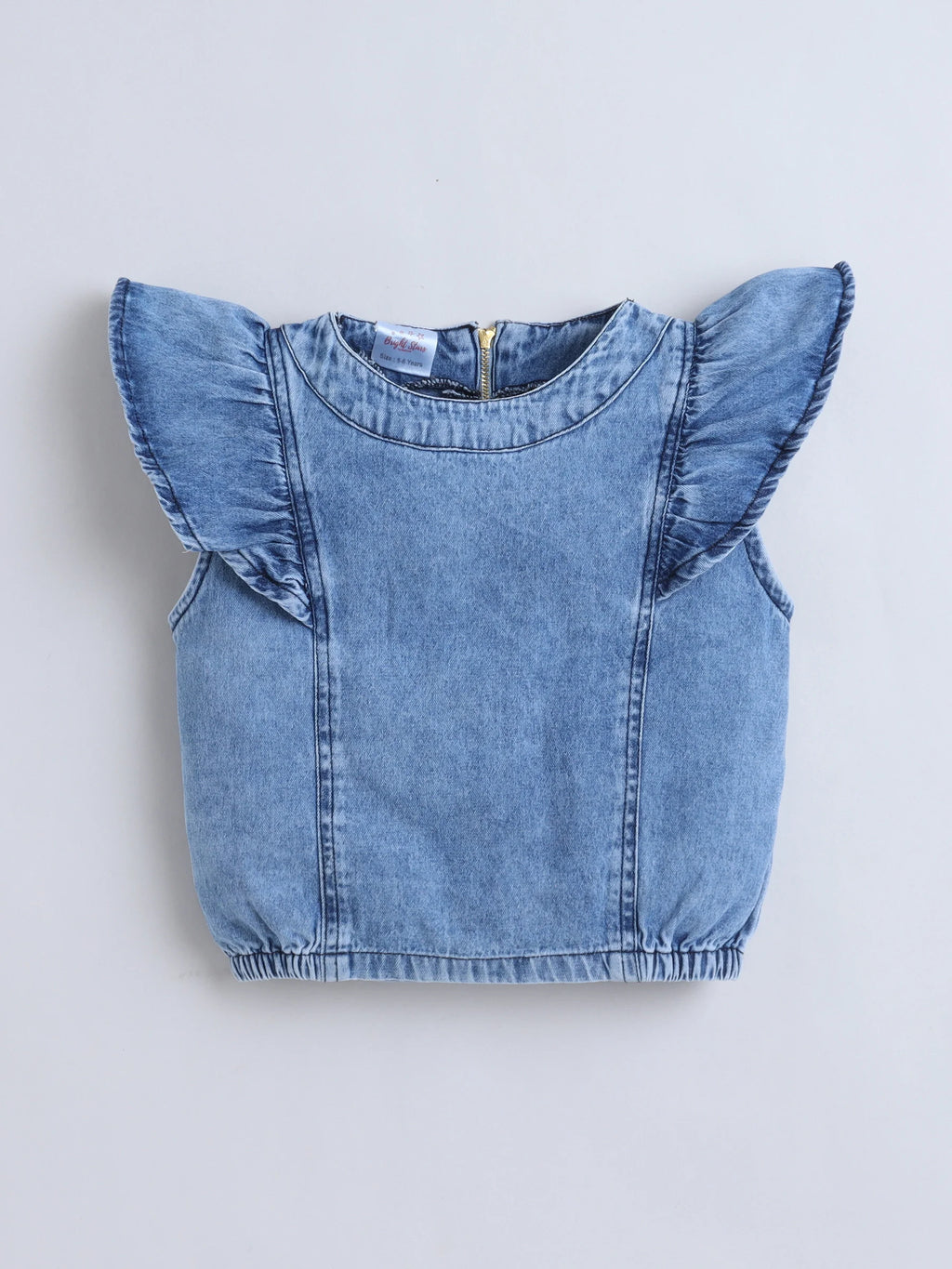 Bright Stars KIDSWEAR Washed Denim Ruffle Sleeves Top & Elasticated Ruffe Co-Ord Shorts Set - Blue