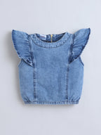 Bright Stars KIDSWEAR Washed Denim Ruffle Sleeves Top & Elasticated Ruffe Co-Ord Shorts Set - Blue