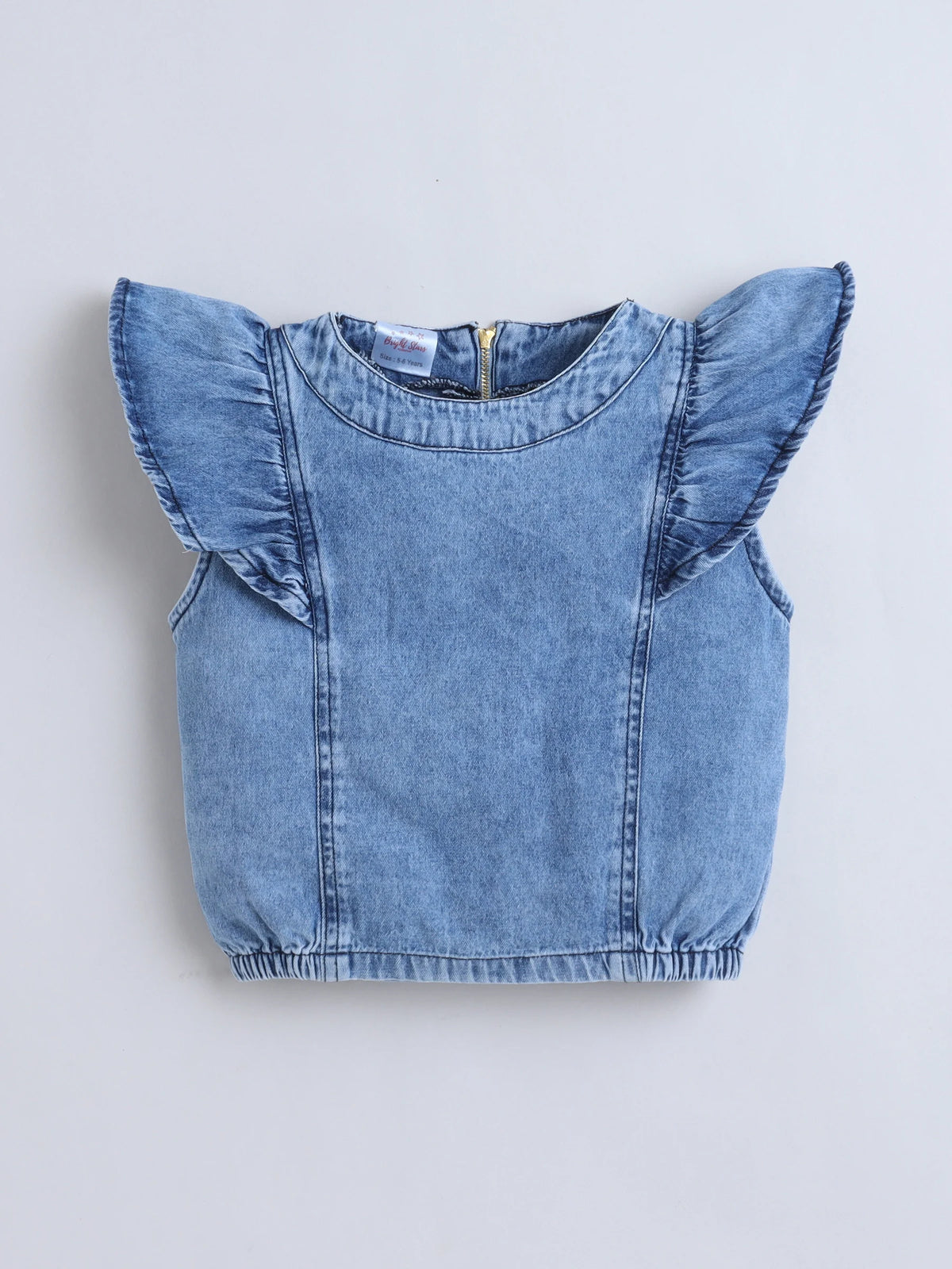 Bright Stars KIDSWEAR Washed Denim Ruffle Sleeves Top & Elasticated Ruffe Co-Ord Shorts Set - Blue