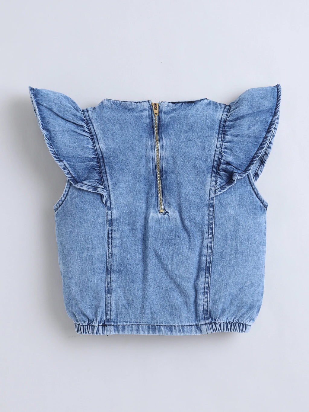Bright Stars KIDSWEAR Washed Denim Ruffle Sleeves Top & Elasticated Ruffe Co-Ord Shorts Set - Blue