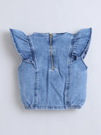 Bright Stars KIDSWEAR Washed Denim Ruffle Sleeves Top & Elasticated Ruffe Co-Ord Shorts Set - Blue