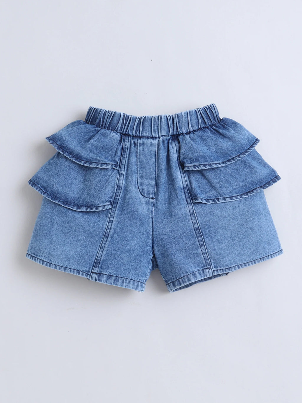 Bright Stars KIDSWEAR Washed Denim Ruffle Sleeves Top & Elasticated Ruffe Co-Ord Shorts Set - Blue