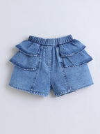 Bright Stars KIDSWEAR Washed Denim Ruffle Sleeves Top & Elasticated Ruffe Co-Ord Shorts Set - Blue