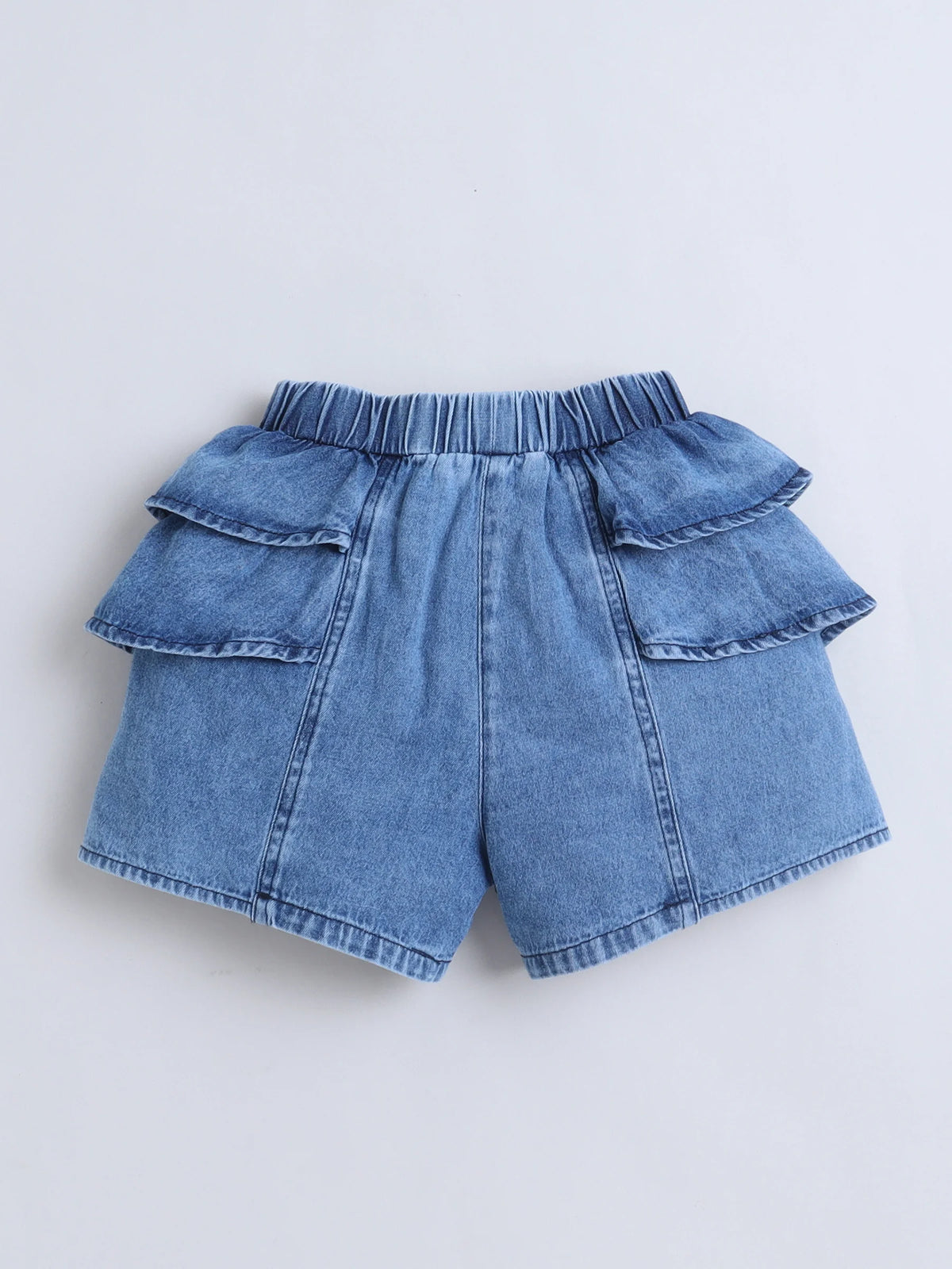 Bright Stars KIDSWEAR Washed Denim Ruffle Sleeves Top & Elasticated Ruffe Co-Ord Shorts Set - Blue