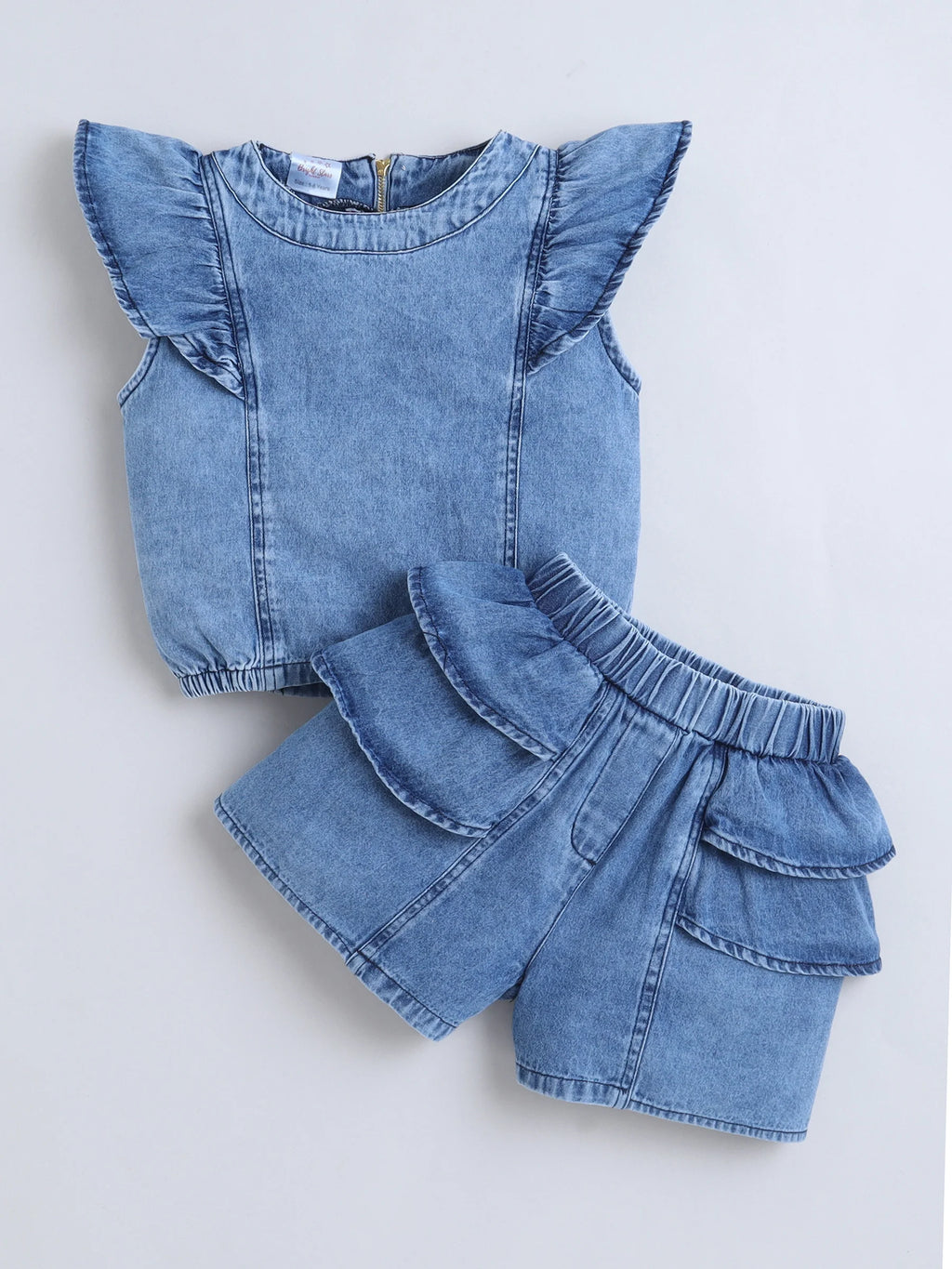 Bright Stars KIDSWEAR Washed Denim Ruffle Sleeves Top & Elasticated Ruffe Co-Ord Shorts Set - Blue