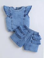 Bright Stars KIDSWEAR Washed Denim Ruffle Sleeves Top & Elasticated Ruffe Co-Ord Shorts Set - Blue