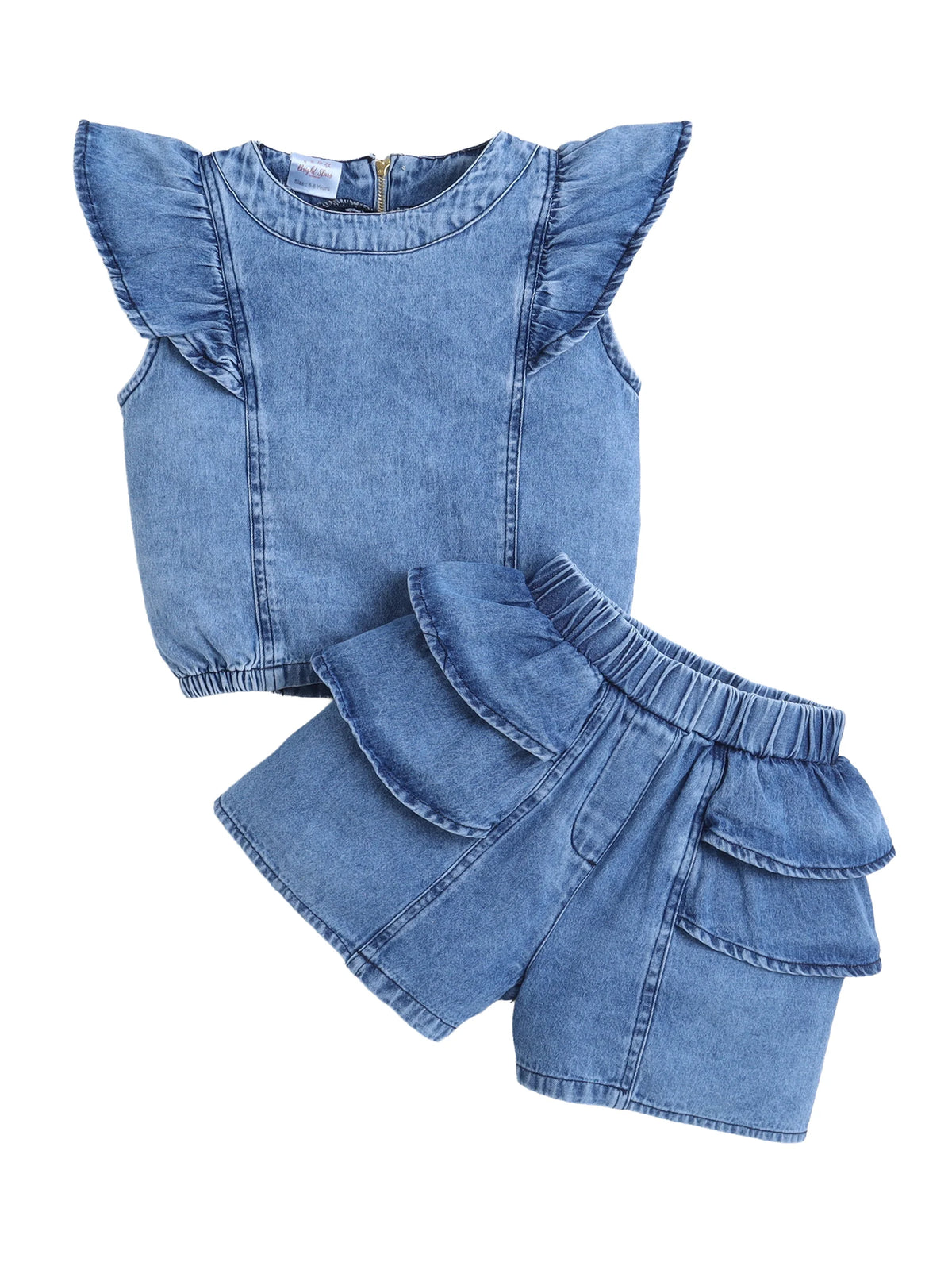Bright Stars KIDSWEAR Washed Denim Ruffle Sleeves Top & Elasticated Ruffe Co-Ord Shorts Set - Blue