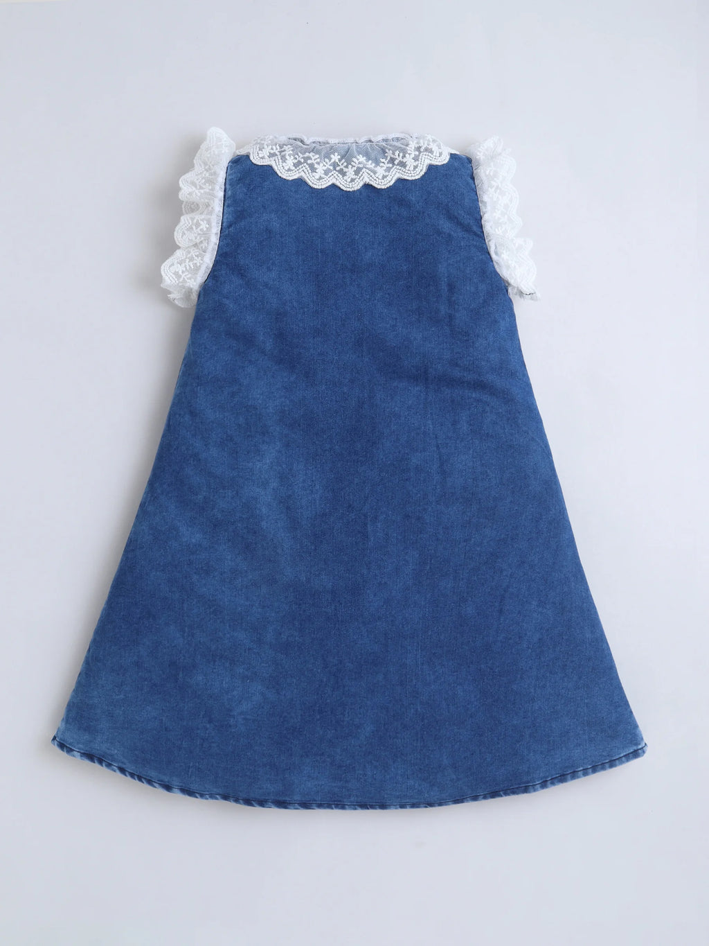 Bright Stars KIDSWEAR Light Weight Washed Denim Lace Detailing Front Button Dress - Blue