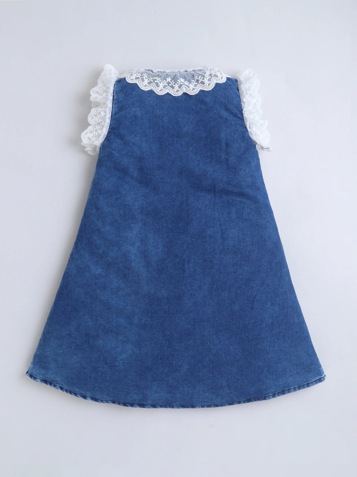 Bright Stars KIDSWEAR Light Weight Washed Denim Lace Detailing Front Button Dress - Blue