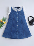 Bright Stars KIDSWEAR Light Weight Washed Denim Lace Detailing Front Button Dress - Blue
