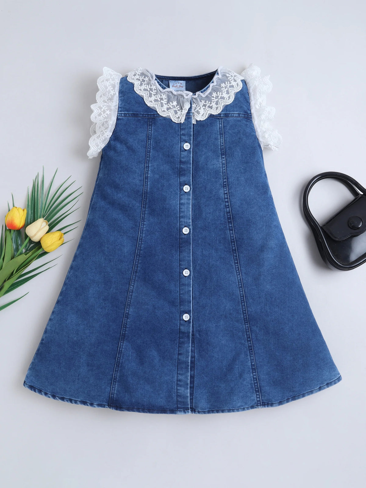Bright Stars KIDSWEAR Light Weight Washed Denim Lace Detailing Front Button Dress - Blue